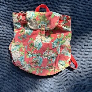 Aeropostale Womens Pink Blue Floral Zipper Pocket Backpack Large Bag Campus